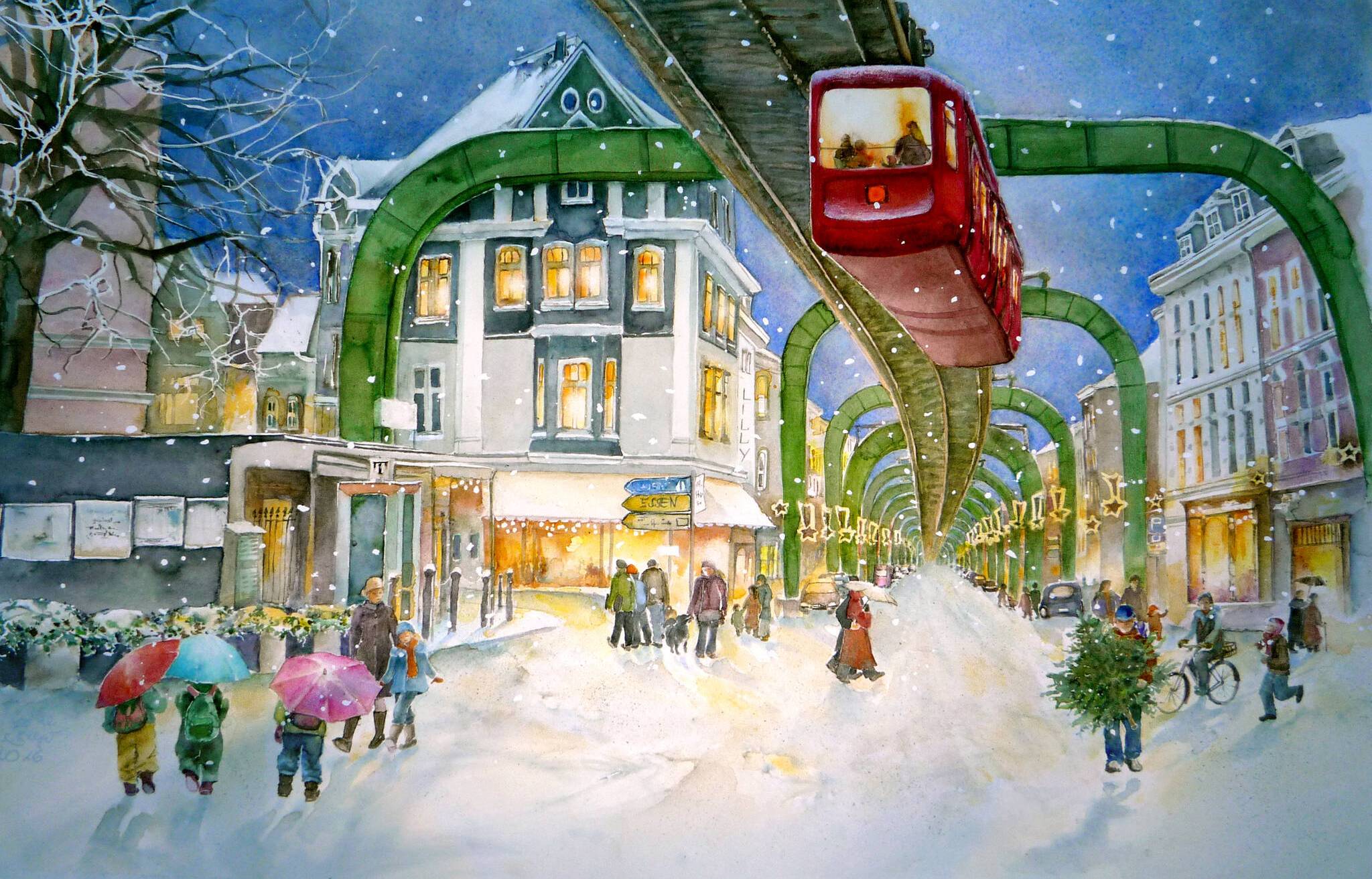  Als bekanntes Wuppertaler Motiv zeigt der Kalender in diesem Jahr den „Weihnachtlichen Kaiserplatz in Vohwinkel“ von Ulrike Beyer. 