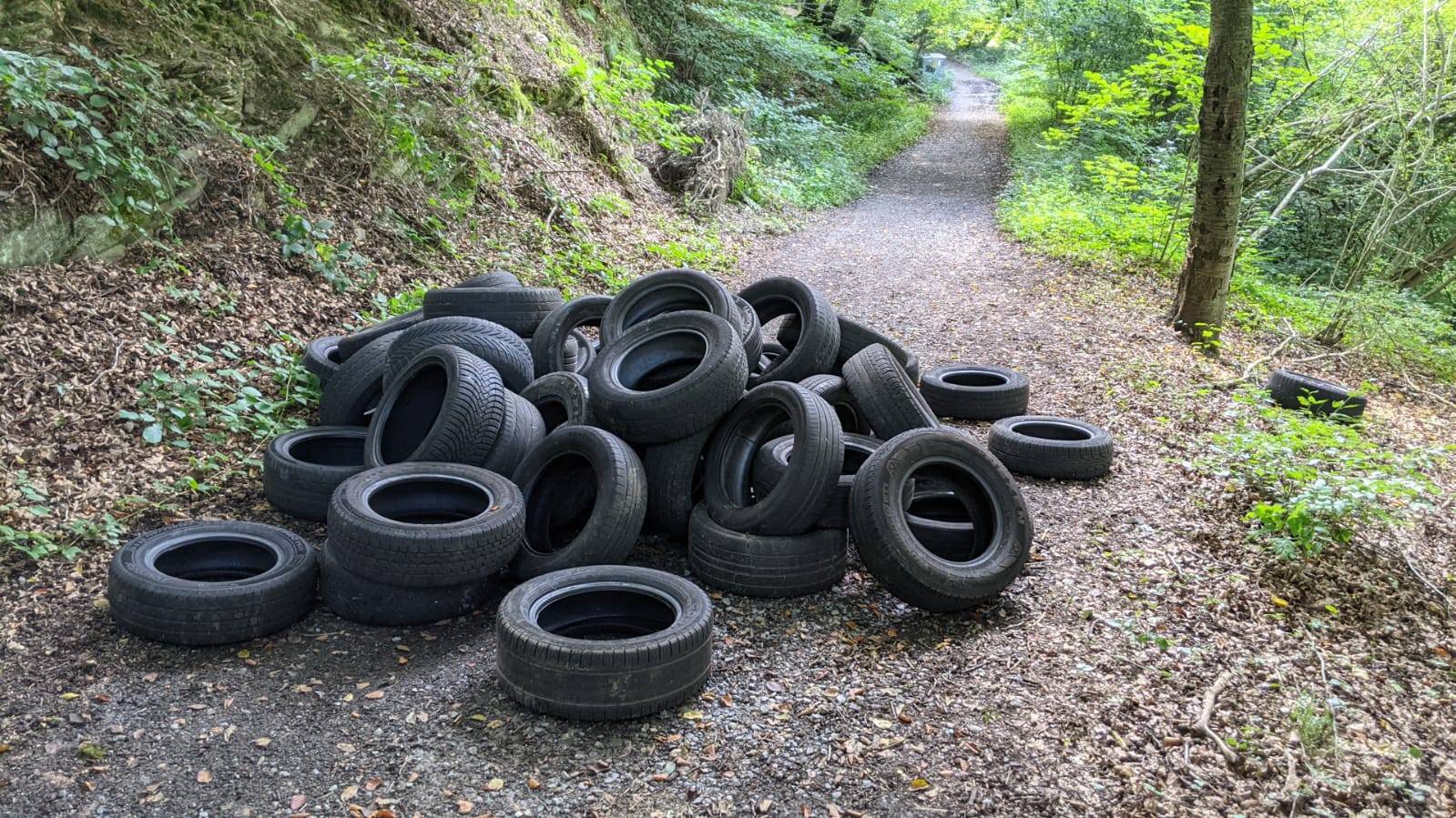 61 alte Reifen auf dem Wanderweg