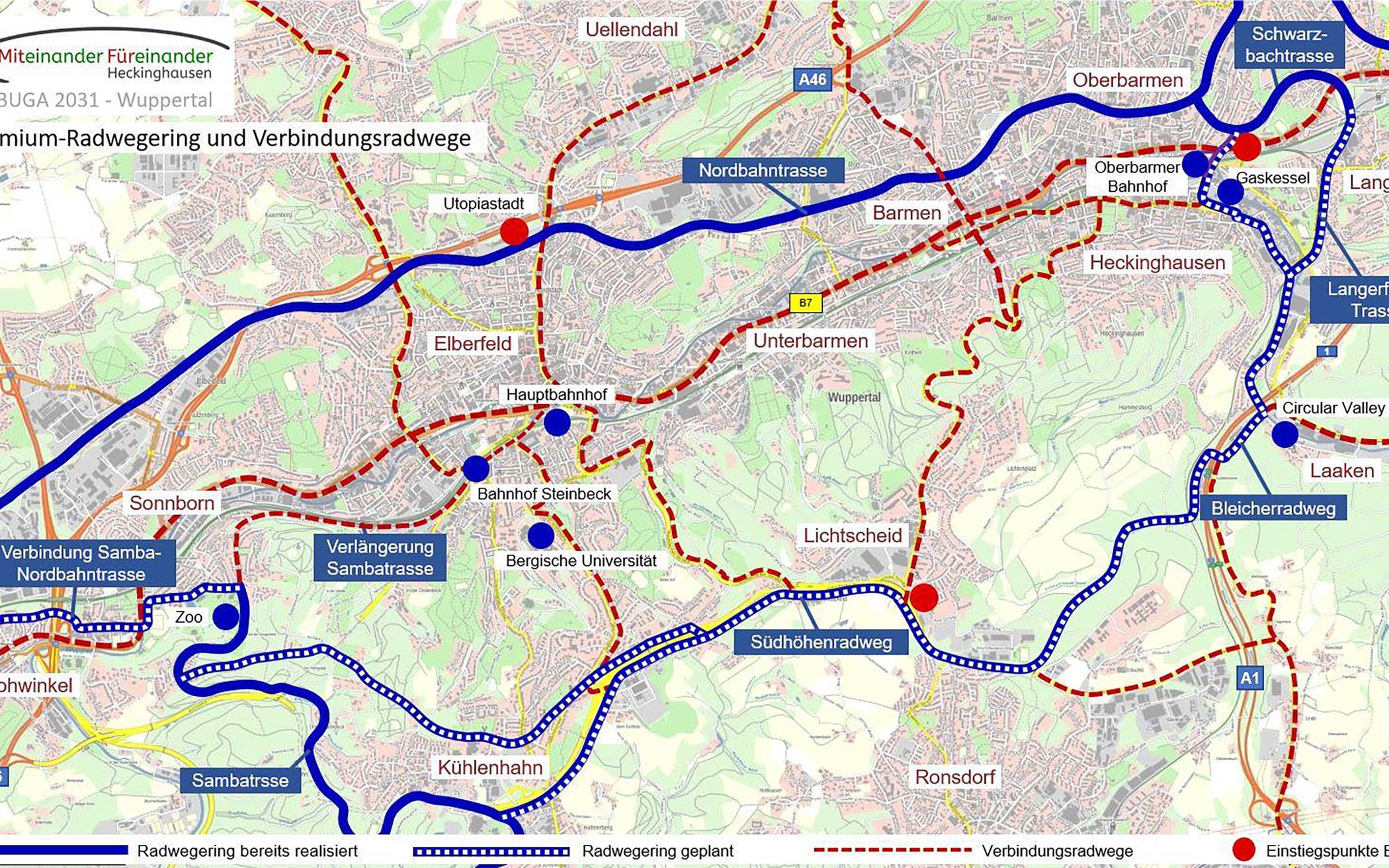  Die im Konzept „BUGA+“ vorgeschlagenen Radewegeverbindungen. In Rot eingezeichnet sind die Einstiegs-Mobilstationen. 