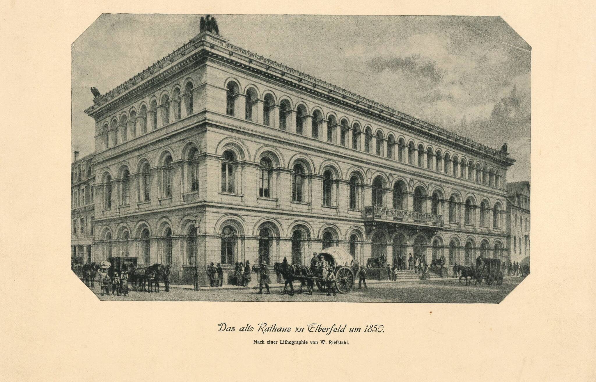  Lithografie des Museumsbaus (ehemals das Rathaus Elberfeld) von 1850. 
