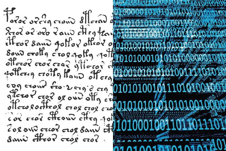 Geheimcodes (Auszug links: Voynich-Manuskript gemeinfrei; Auszug