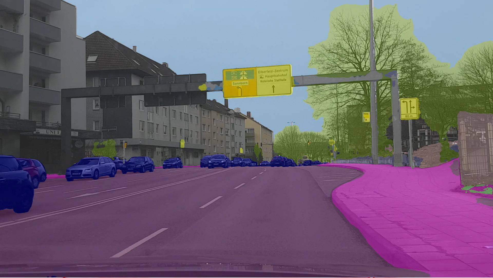 Semantische Segmentierung einer Straßenszene durch KI.