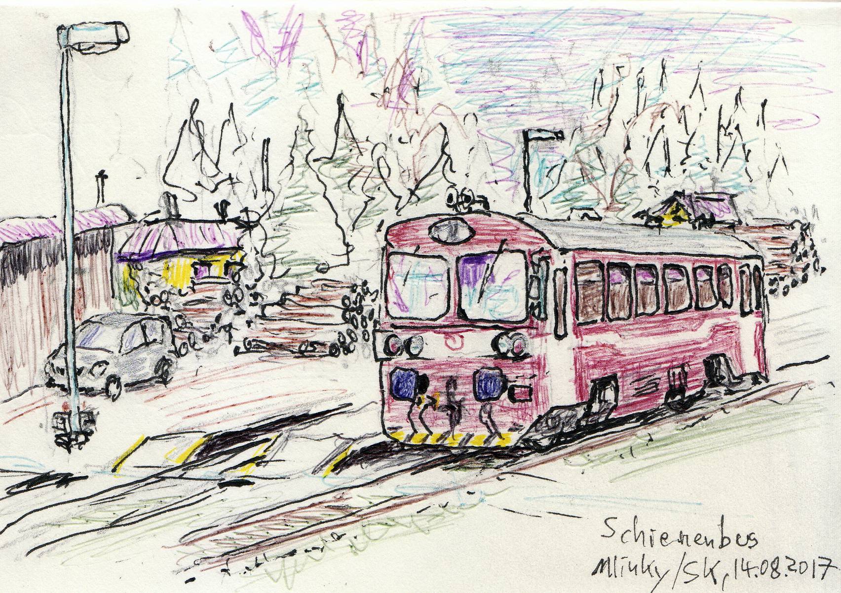 Zeichnung eines Schienenbusses.