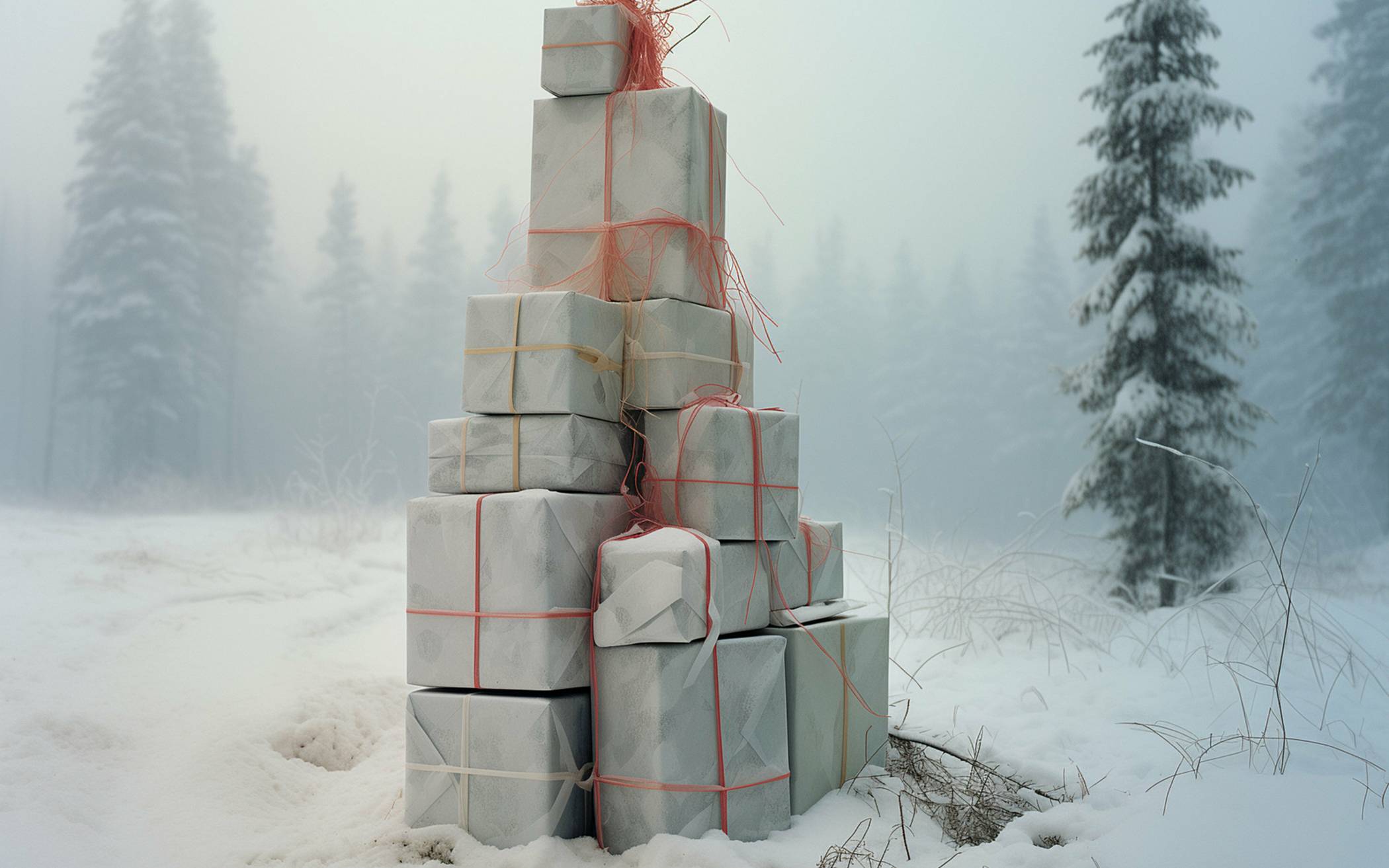  Aufgabenstellung: „Ein Weihnachtsbaum im schneebedeckten Wald, der sich aus Geschenkpaketen zusammensetzt.“ 