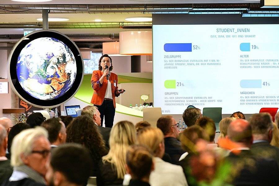  Bildungsökonomin Dr. Anna Makles von der Bergischen Universität präsentierte die Ergebnisse aus dem aktuellen Evaluationsbericht der Junior Uni. 