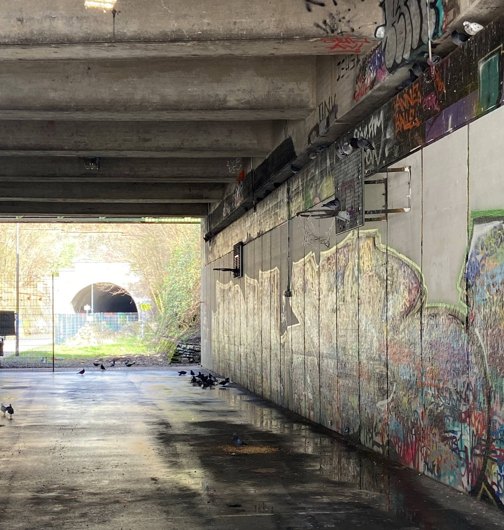 Der Basketballplatz unter der Brücke.