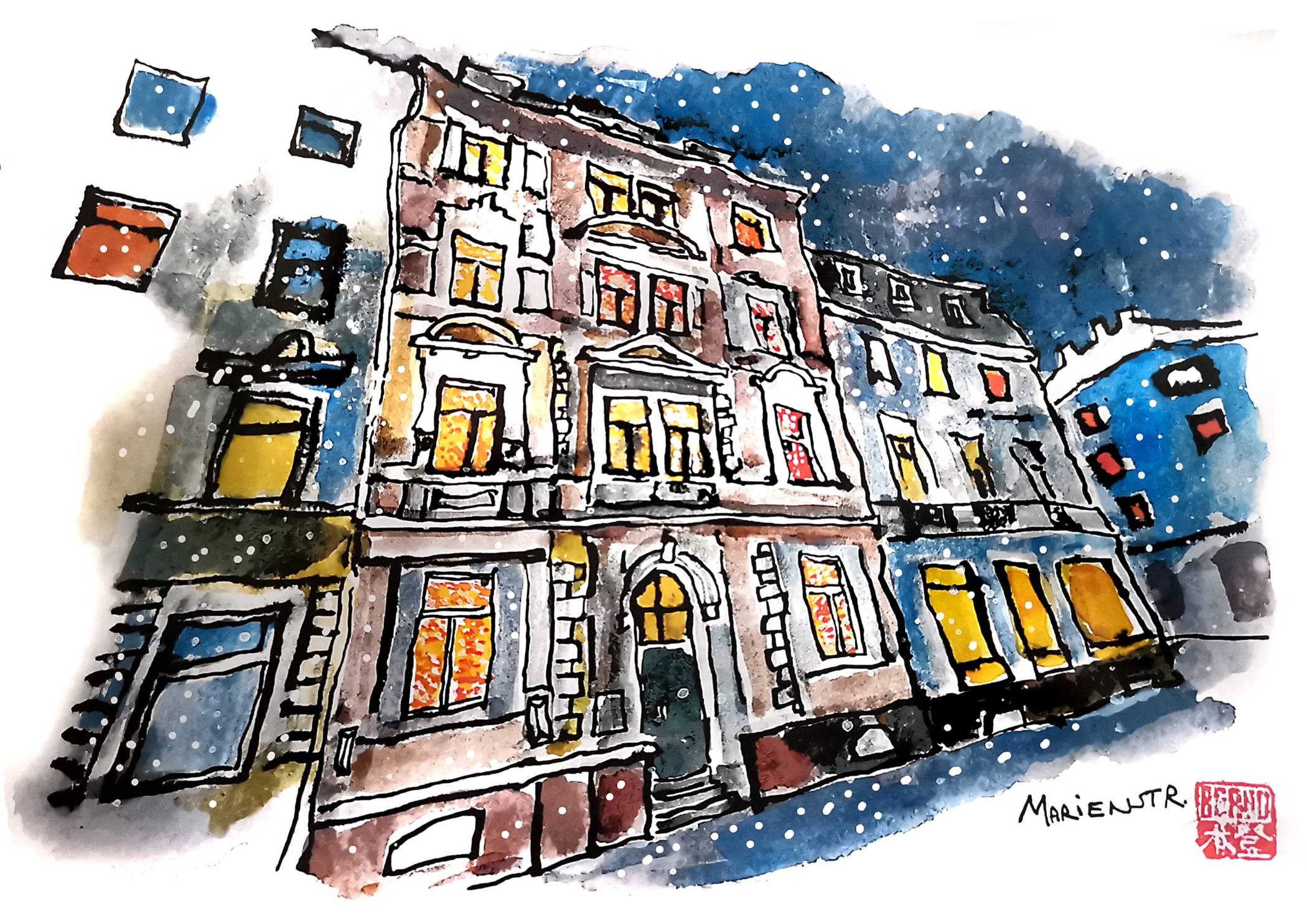  Das Motiv ist diesmal die Marienstraße, gemalt von Bernd Bähmer. 