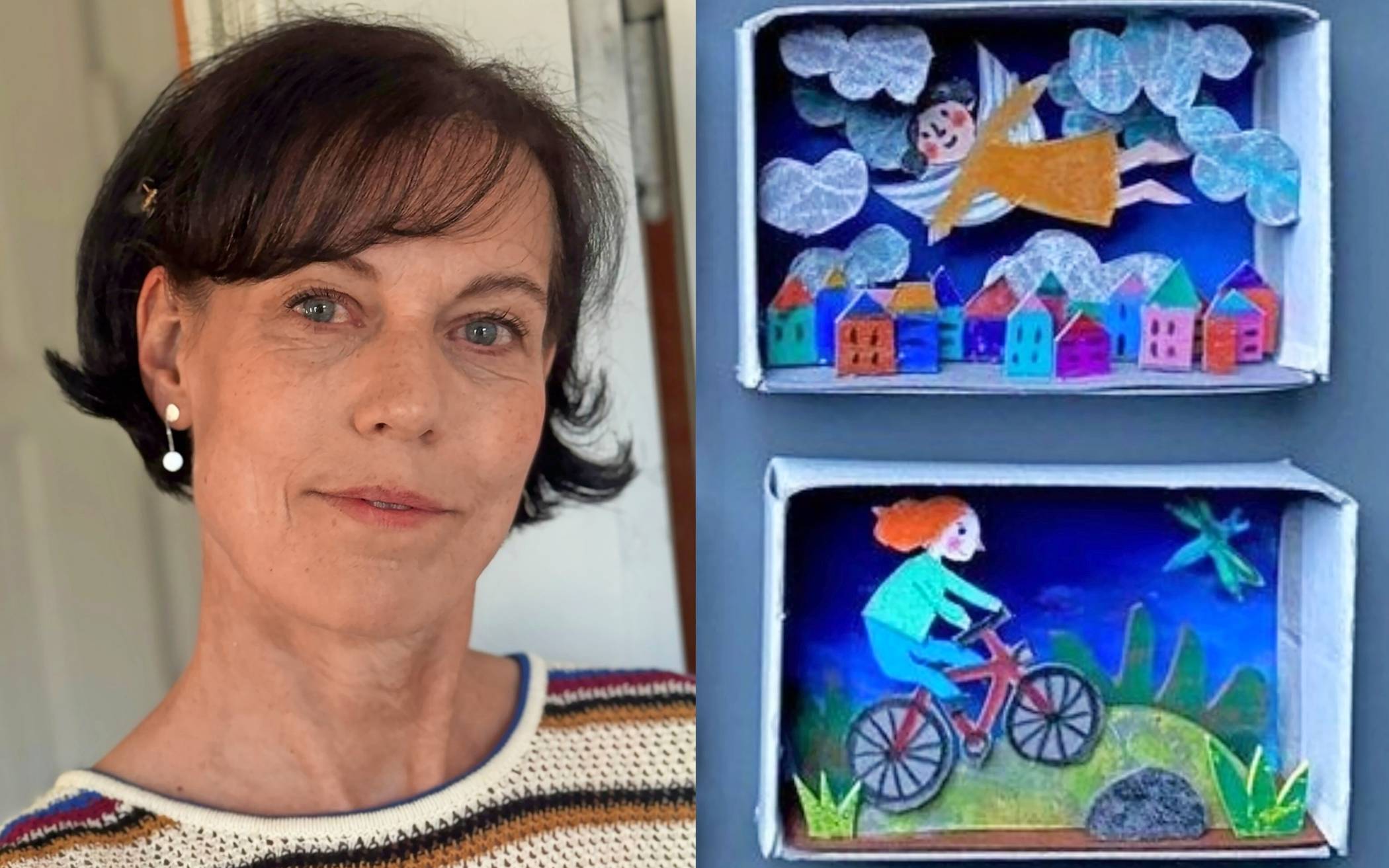  Antje Damm und zwei ihrer „Beziehungskisten“.  