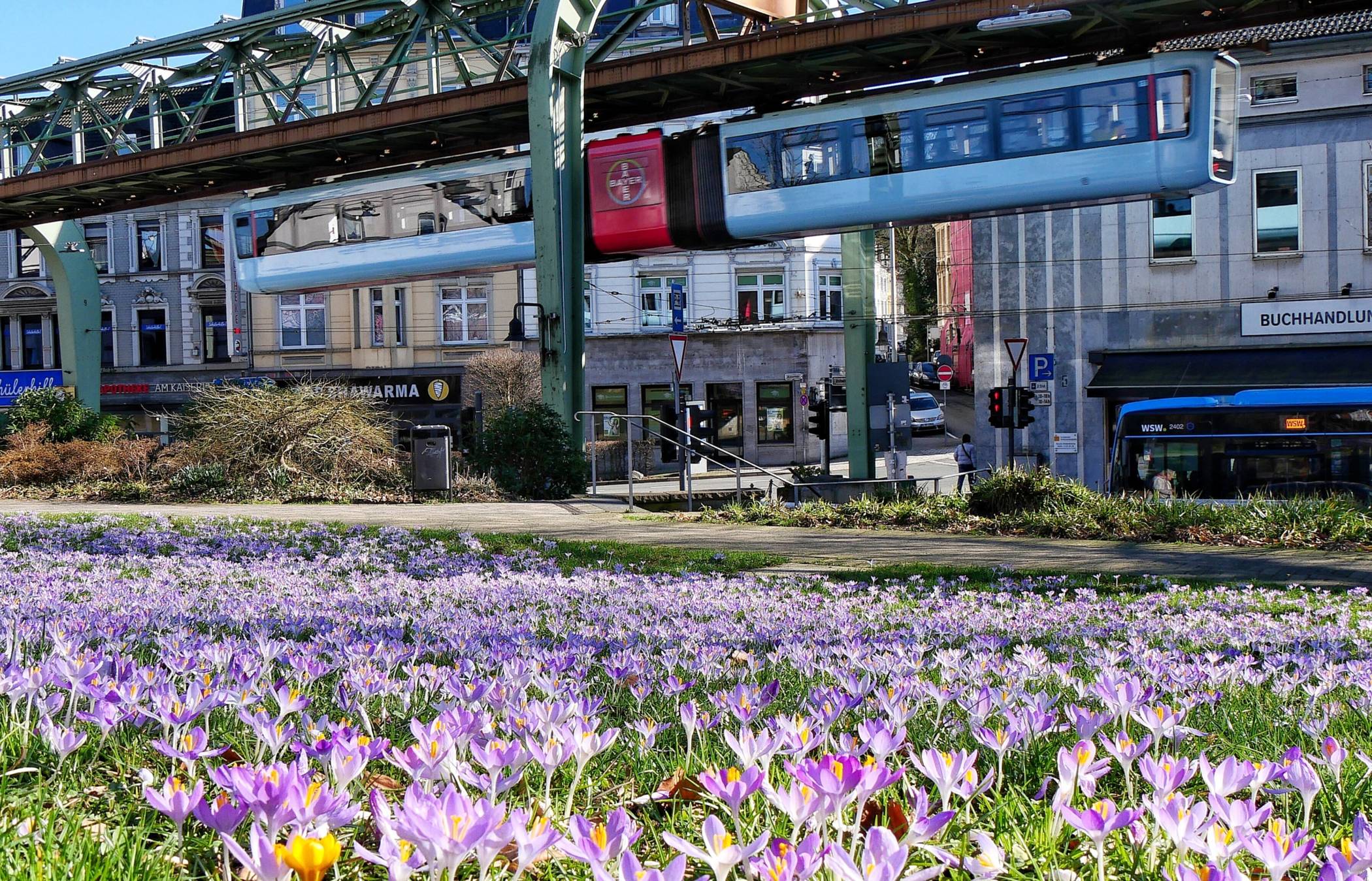 Die Schwebebahn im frühlingshaften Vohwinkel.