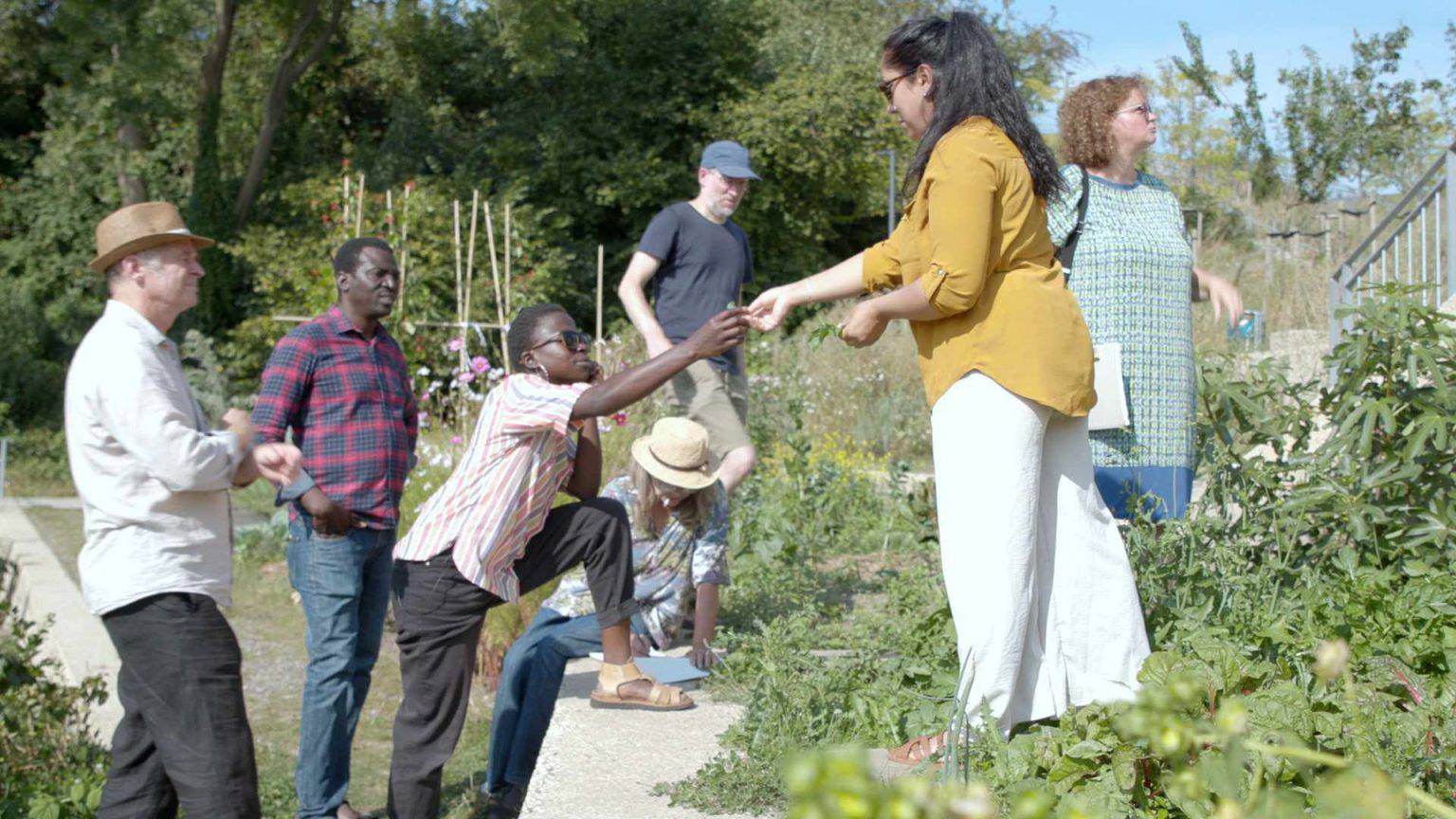  Menschen aus Oberbarmen bei der gemeinsamen Gartenarbeit. 