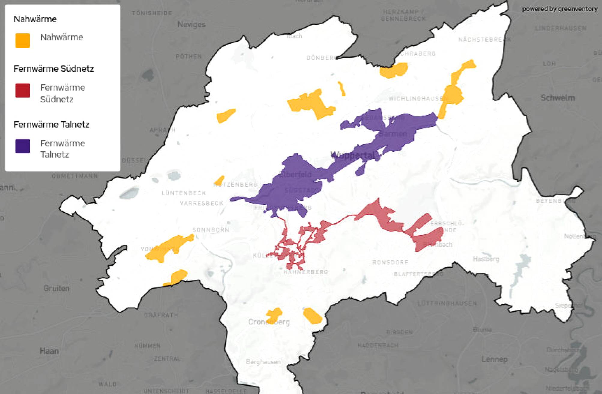   In den gelben Gebieten könnten über die bekannten Wuppertaler Fernwärmenetze hinaus quartiersbezogen Nahwärmenetze entstehen. 