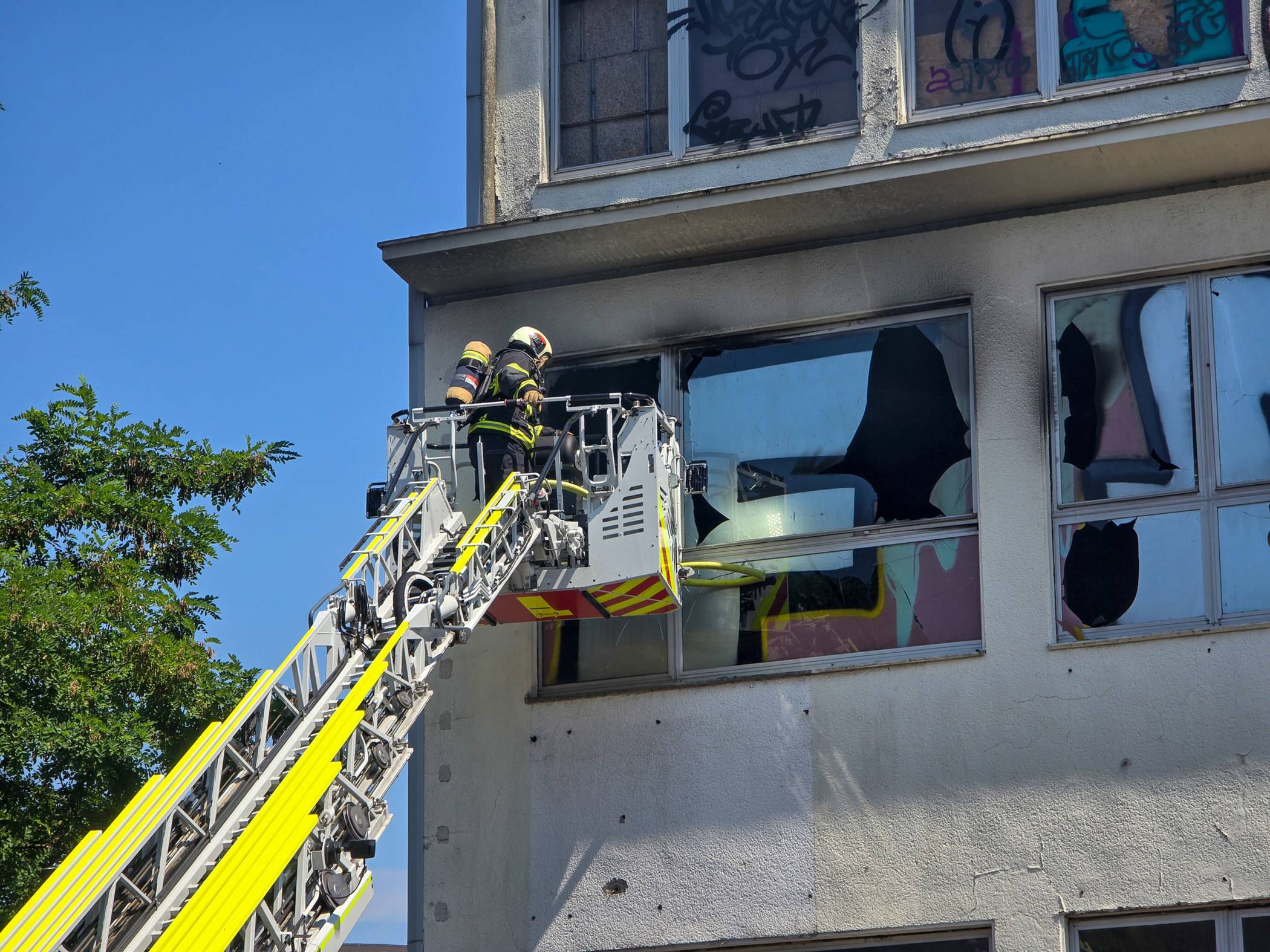 Über die Drehleiter rückte die Feuerwehr vor.