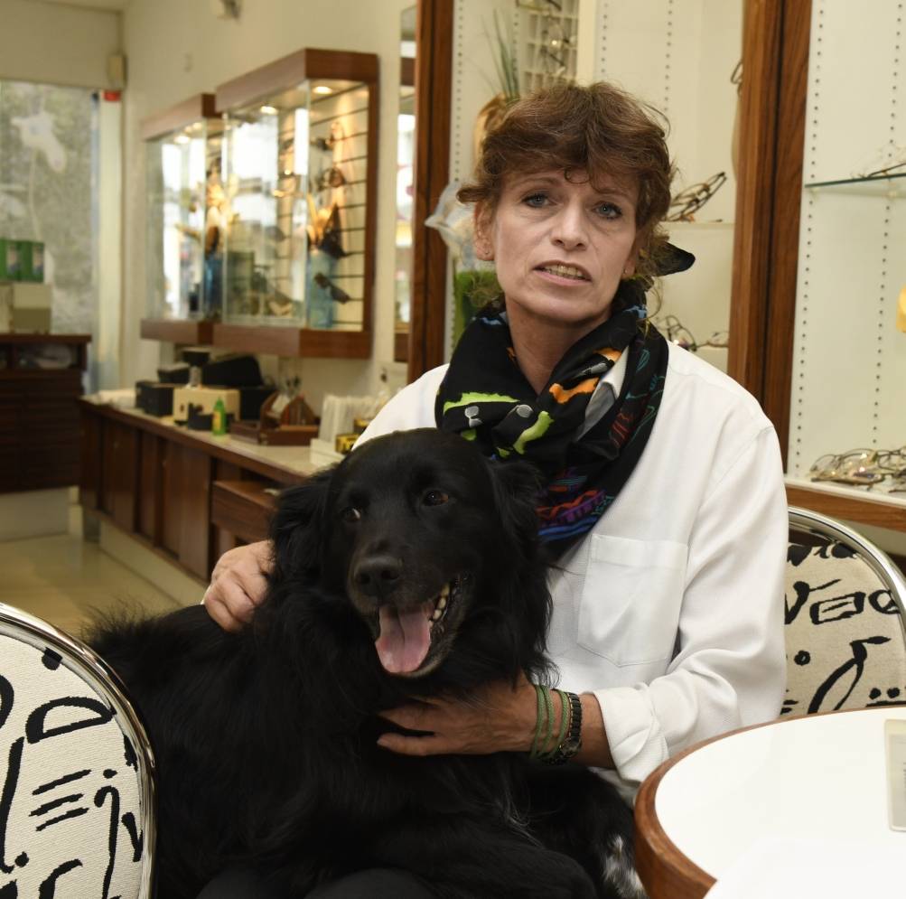  Claudia Borsch von Optik Borsch mit Australien Shepherd Frosti, der weiß, wie er sich in Kundengesprächen unsichtbar machen kann. 