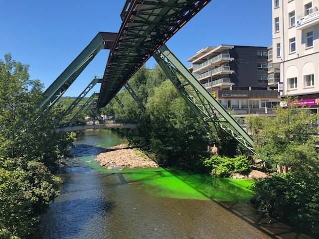  Nicht zu übersehen: Die Wupper färbte sich auf Höhe der Schloßbleiche grün. 