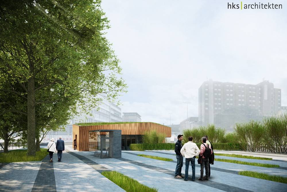  Der Wupperpark zwischen Alter Freiheit und Brausenwerth-Kreuzung: Den in grau eingezeichneten kleinen Bunkereingang wird es so nicht mehr geben. Es muss eine große Entree-Situation her. Für das „Café Cosa“ im Hintergrund allerdings soll sich der Standort nicht verändern. 