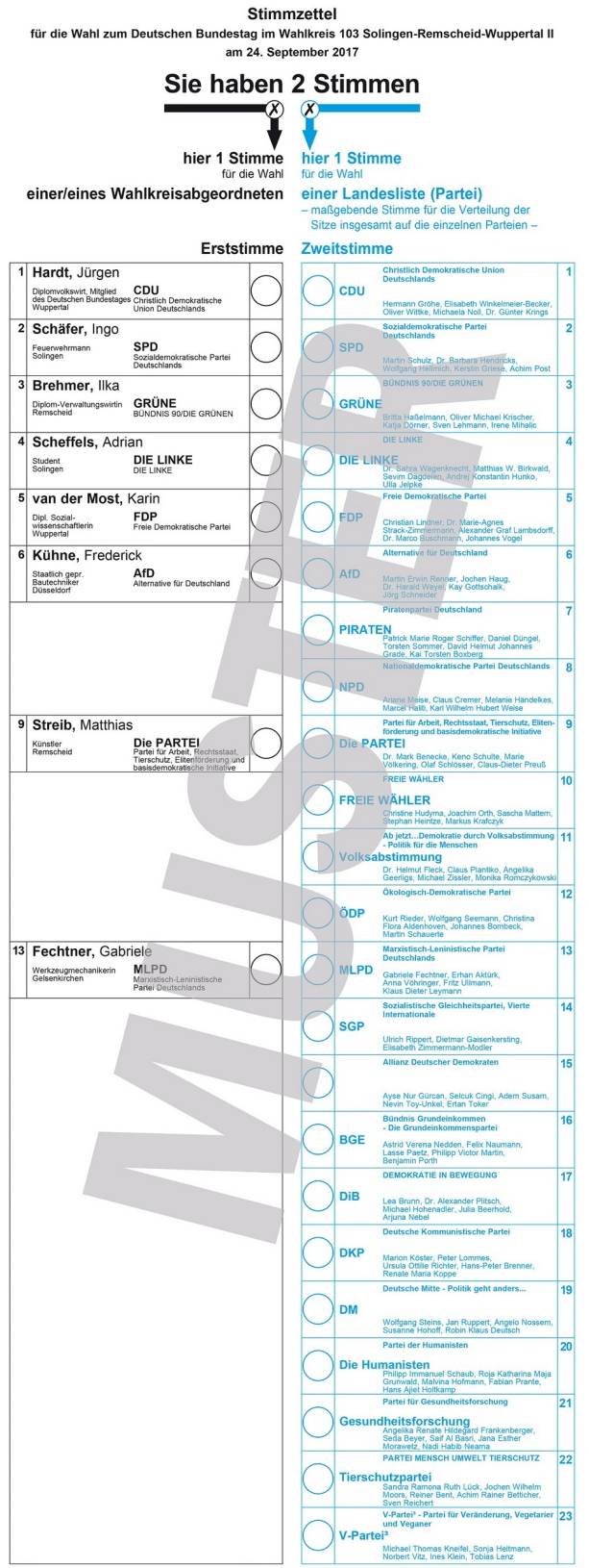  Der Stimmzettel für den Wahlkreis Wuppertal II (Ronsdorf und Cronenberg) mit Remscheid und Solingen. 