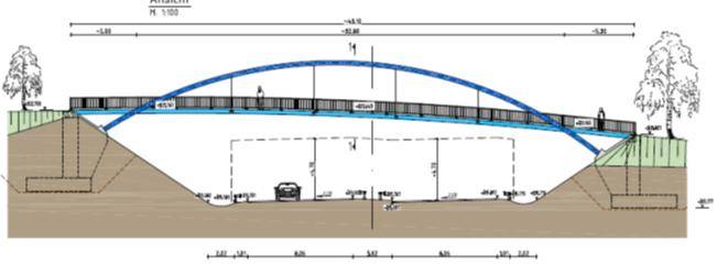  Die neue Brücke wird eine Bogenkonstruktion in Stahlbauweise mit einer Gesamtlänge von knapp 45 Metern sein. 