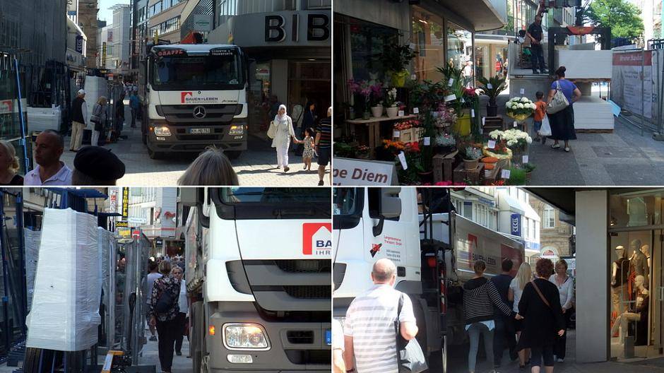 Herzogstraße, Lkw wird mitten im verbliebenen Fußgängerbereich...