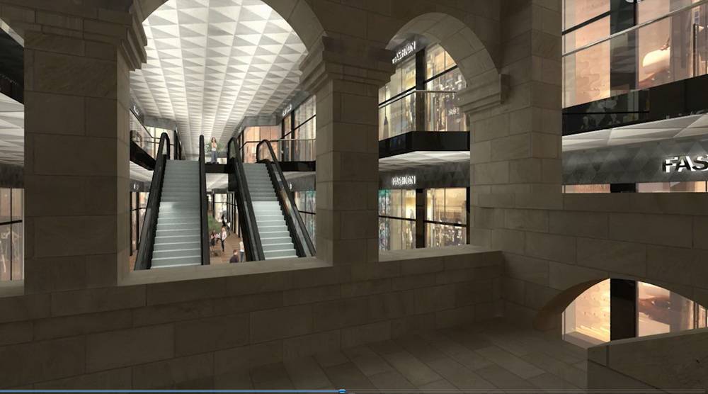  Die Animation oben zeigt einen Blick vom Eingang ins Innere des geplanten City Outlet. 