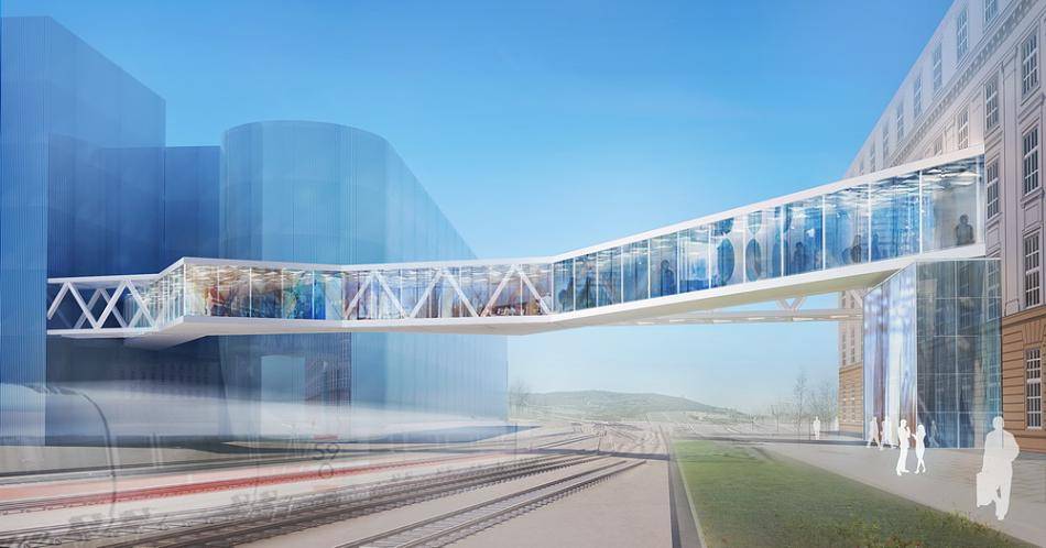  So soll es später einmal aussehen am Döppersberg: Zwischen Bundesbahndirektion und Postkomplex am Kleeblatt ist eine Brücke über die Bahngleise geplant. 