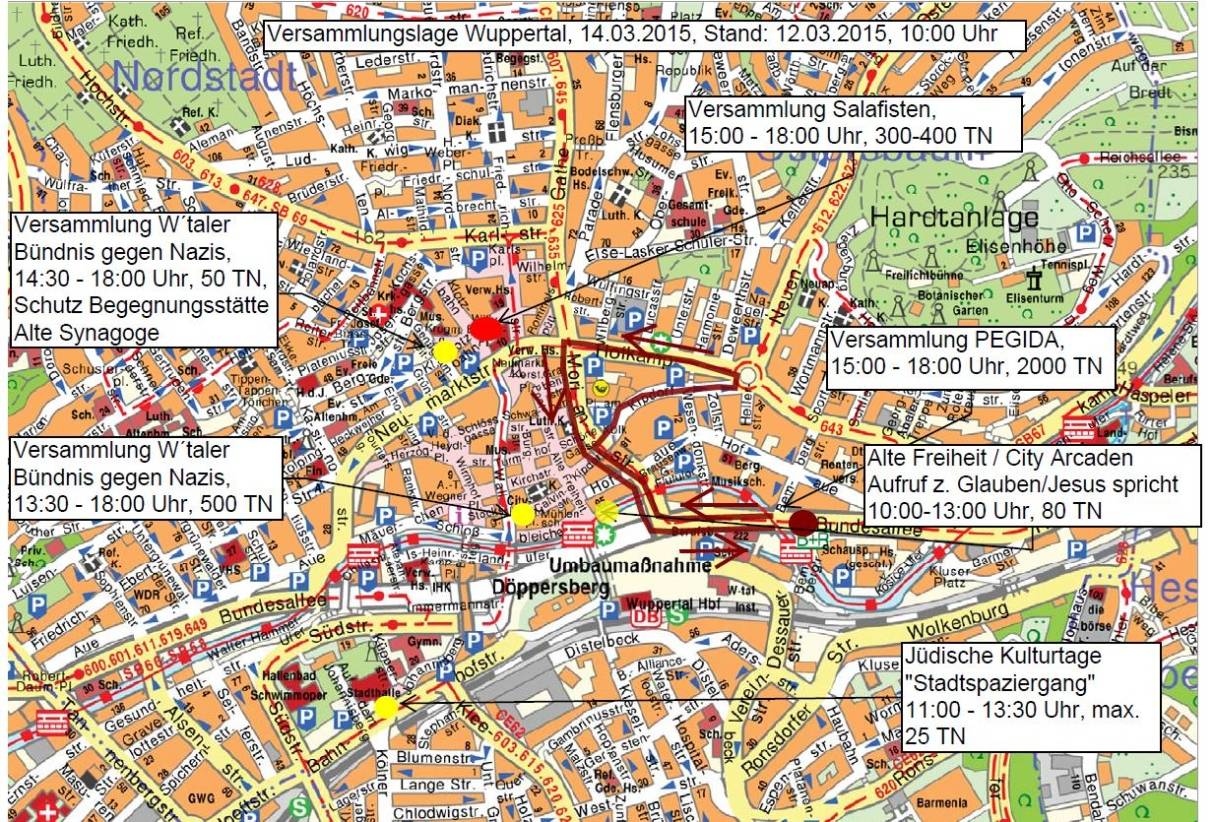  Wer, wann, wo: Die Karte zeigt die verschiedenen Kundgebungen und Demos vom Stand 12. März 2015. Der Gegenprotest vom "Wuppertaler Bündnis gegen Nazis", der "Wuppertaler Initiative für Demokratie und Toleranz" und des Vereins "Tacheles" beginnt - anders als hier zu sehen - schon um 12.30 Uhr auf dem Kirchplatz. 