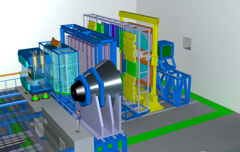  Computerzeichnung vom Gesamtaufbau des CBM Experiments. Im Vordergrund eine Person zum Größenvergleich. 