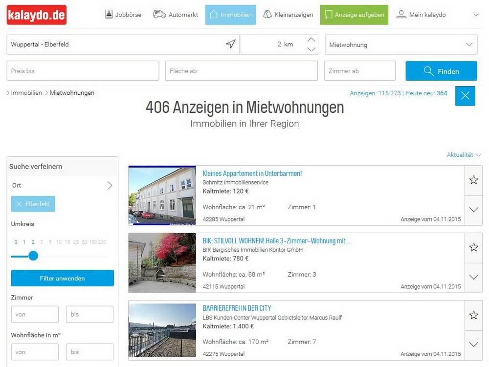  Kleines Beispiel für die regionale kalaydo.de-Power: Vor kurzem ergab die Suche nach Mietwohnungen im Umkreis von zwei Kilometern um Elberfeld 406 Angebote. 