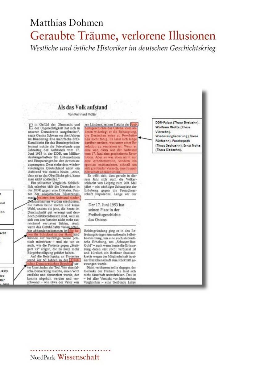  „Geraubte Träume, verlorene Illusionen. Westliche und östliche Historiker im deutschen Geschichtskrieg“ von Matthias Dohmen, kostet 18,50 Euro und ist im Wuppertaler Nordpark-Verlag erschienen.  
