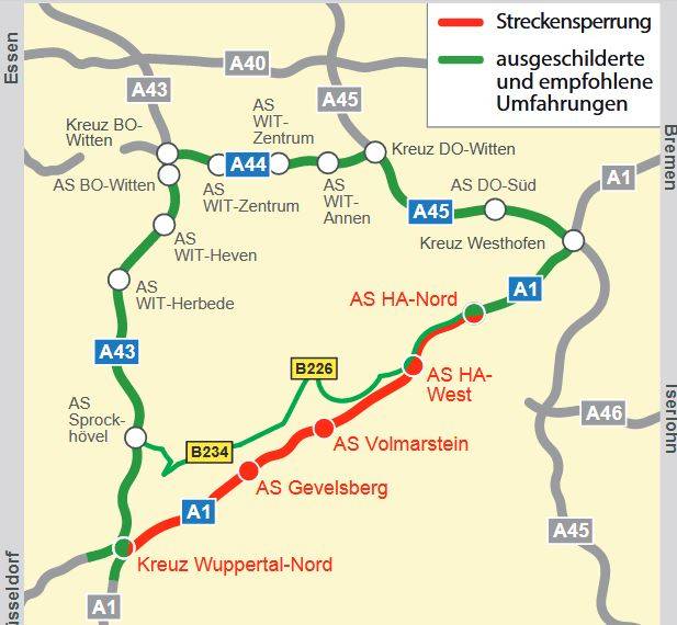 Freitag bis Montag: A1-Vollsperrung zwischen Wuppertal und Hagen