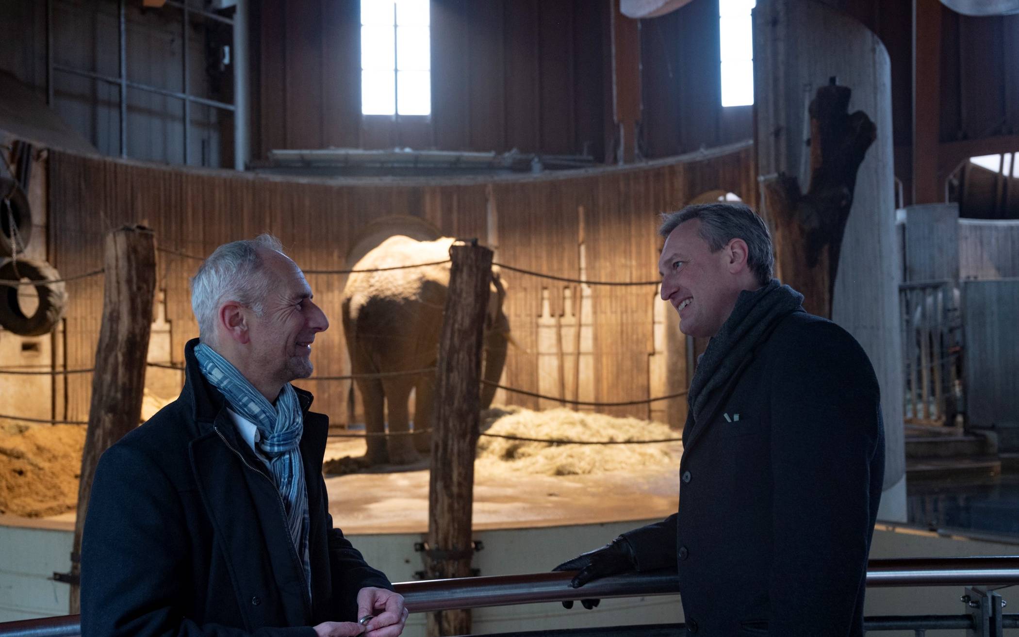  Zwei Elefantenkühe sind schwanger darunter auch der Patenelefant der WSW, Sweni. Dr. Arne Lawrenz (links, Direktor Grüner Zoo Wuppertal) im Gespräch mit Markus Hilkenbach (WSW-Vorstandsvorsitzender). 