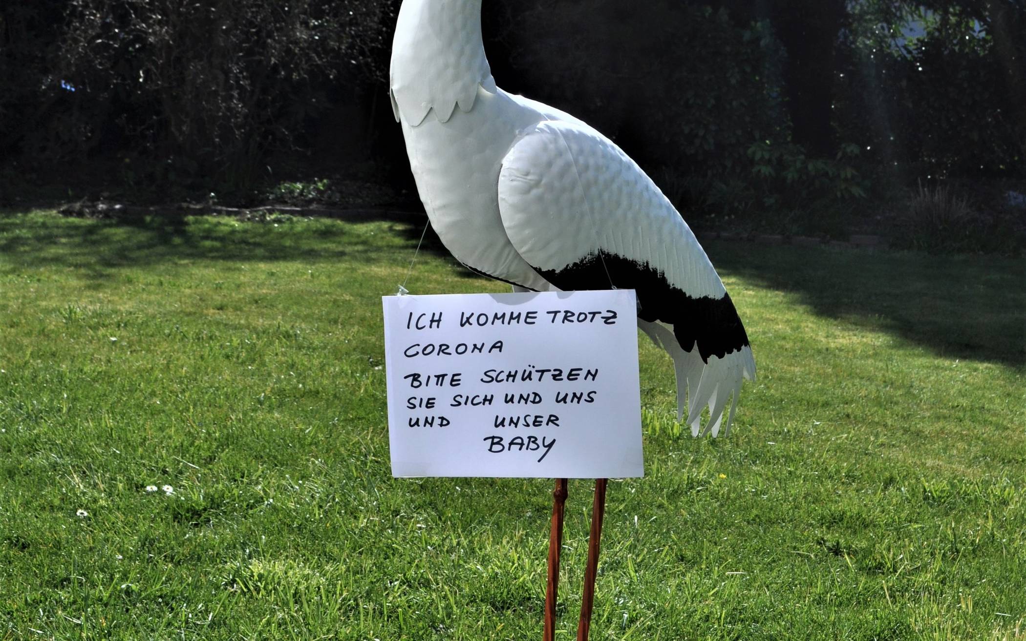  Karola Krämer schickt einen Storch mit Botschaft, um den Ärzten und Hebammen zu danken, die in der Corona-Krise ihr Enkelkind auf die Welt gebracht haben.  