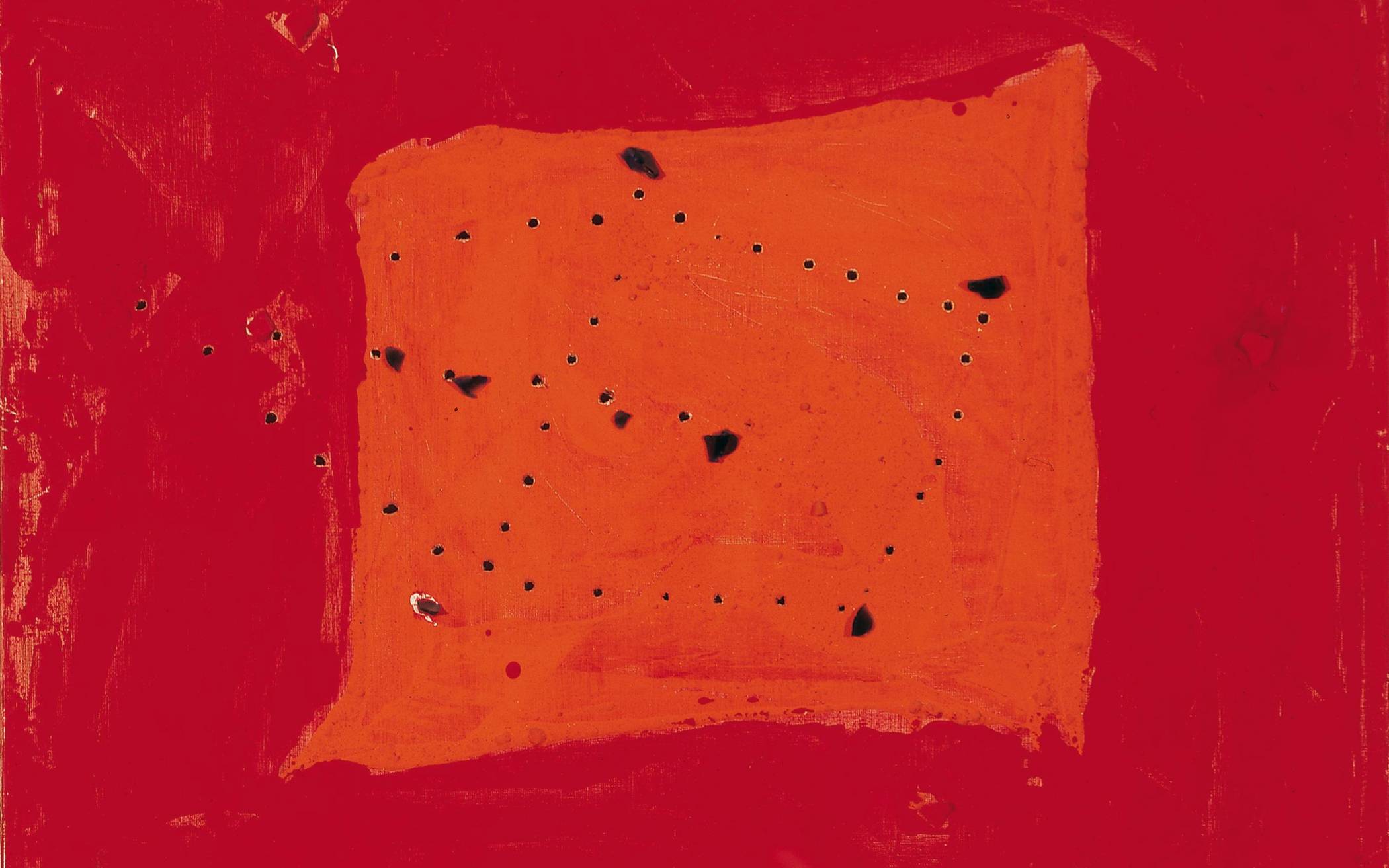 Lucio Fontana, Raumkonzept, rot mit Steinen, Jahr 1954, Sammlung Von der Heydt-Museum 