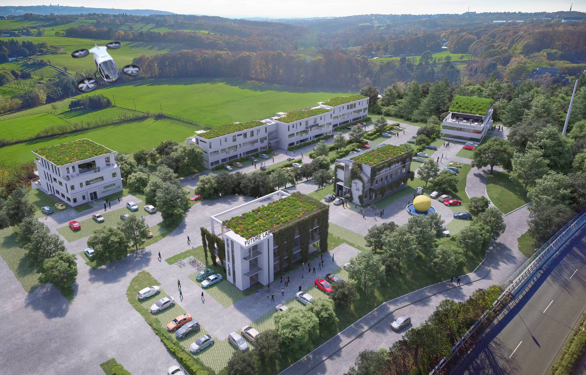  Diese Simulation zeigt, wie das IT-Gewerbegebiet „Smart Tec Campus“ auf dem Gelände der früheren Bergischen Sonne in Zukunft aussehen soll. 